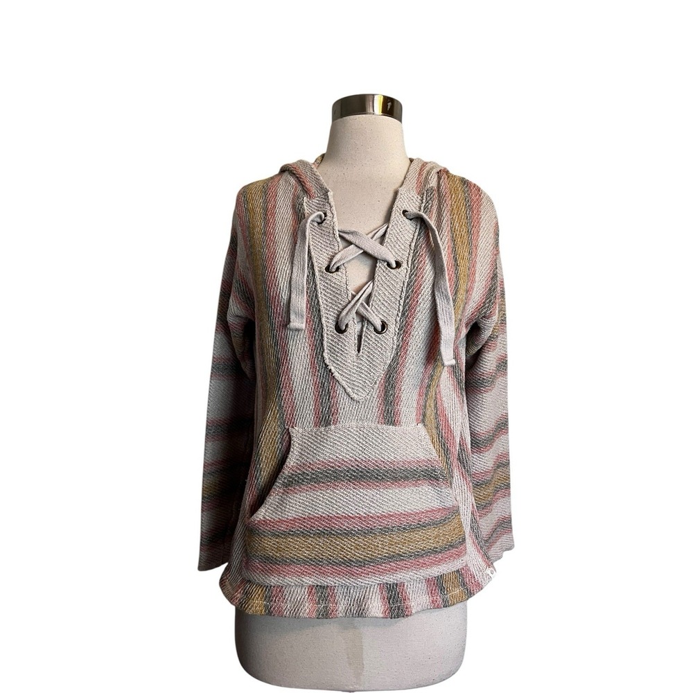 Rip Curl Baja Pullover Hoodie Women's S Beige Pink Striped Lace-Up With Pockets